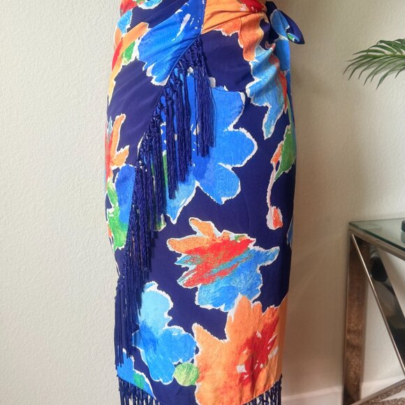 LRL Ralph Lauren Faux Wrap Floral Fringed Skirt (Blue, Orange & Red) - Picture 3 of 6
